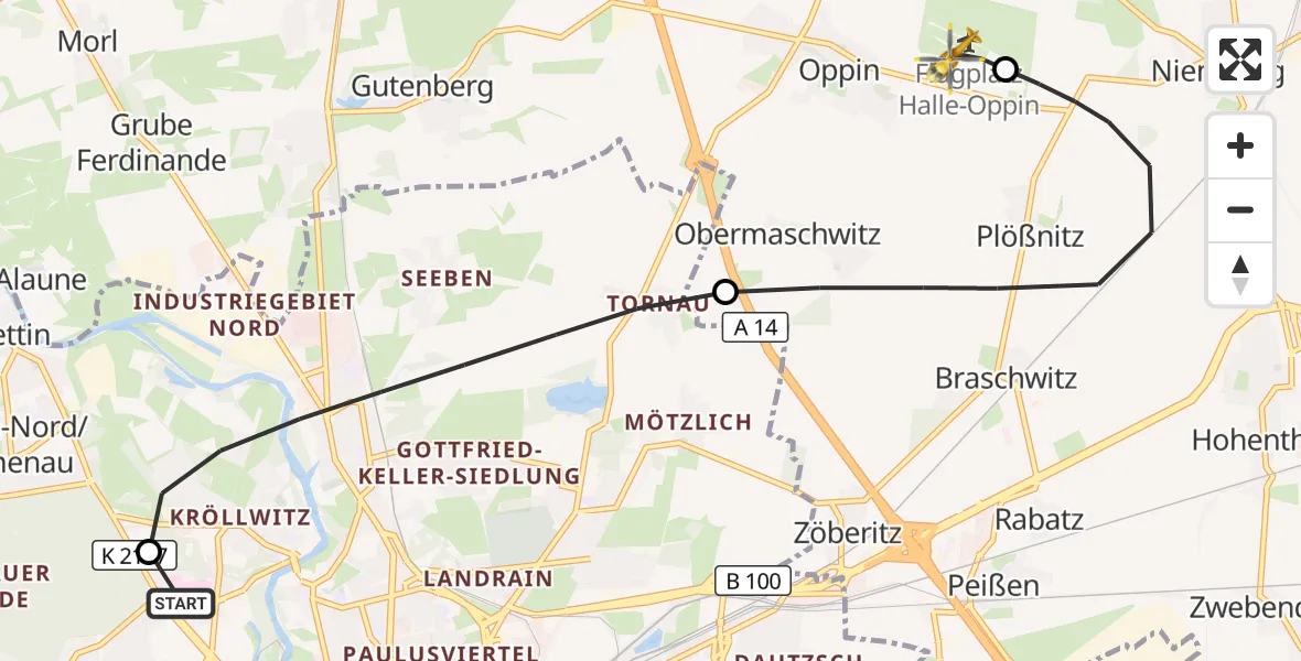 Flugroute Rettungshubschrauber Halle (Saale) University Hospital - Halle-Oppin Flugplatz, 24 August 2026, 00:05