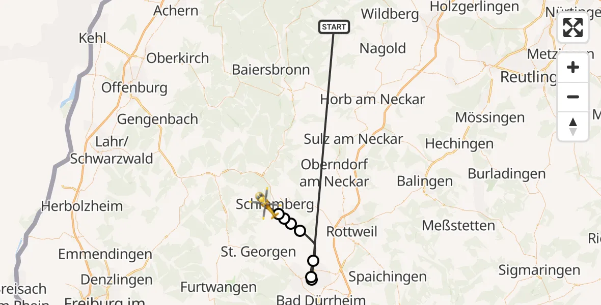 Flugroute Ambulanzhubschrauber Altensteig - Lauterbach, 24 August 2026, 03:22
