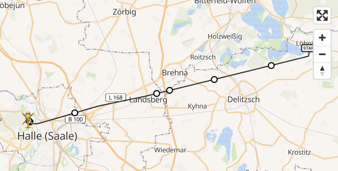 Flugroute Rettungshubschrauber Löbnitz - Halle (Saale) University Hospital, 24 August 2026, 04:05
