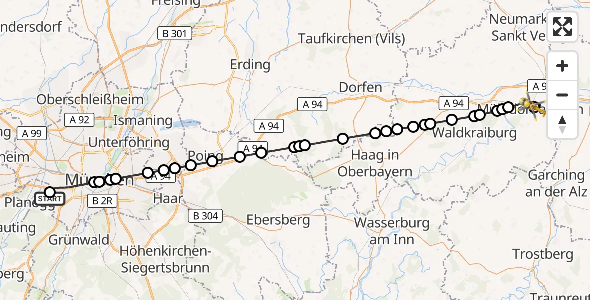 Flugroute Rettungshubschrauber DRF Air Rescue München Hubschrauberlandeplatz - Mühldorf am Inn Hospital, 24 August 2026, 04:29