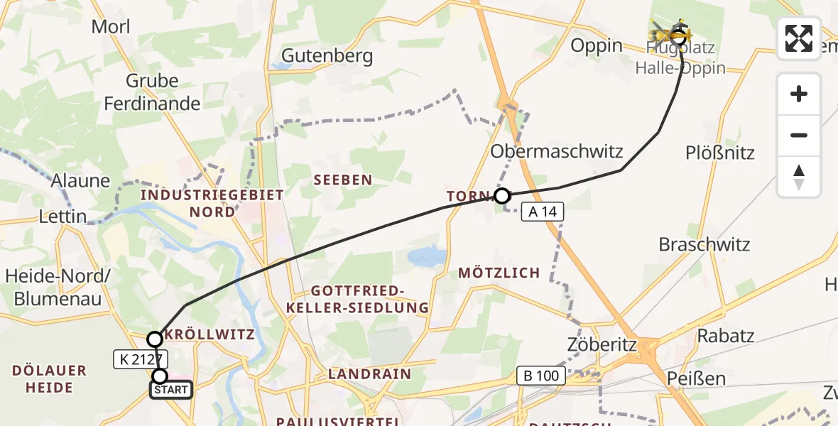 Flugroute Rettungshubschrauber Halle (Saale) University Hospital - Halle-Oppin Flugplatz, 24 August 2026, 04:45