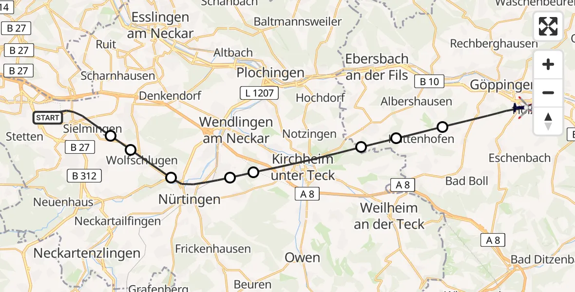 Flugroute Polizeihubschrauber Flughafen Stuttgart - Göppingen, 24 August 2026, 05:01