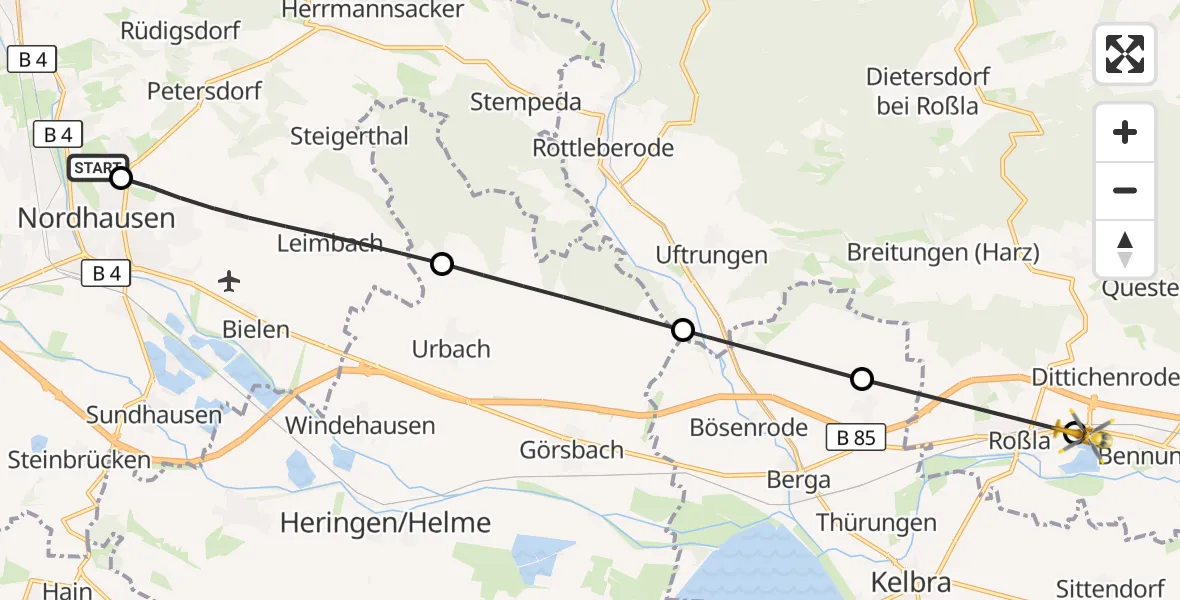 Flugroute Rettungshubschrauber Südharz Hospital Nordhausen - Südharz, 24 August 2026, 05:08