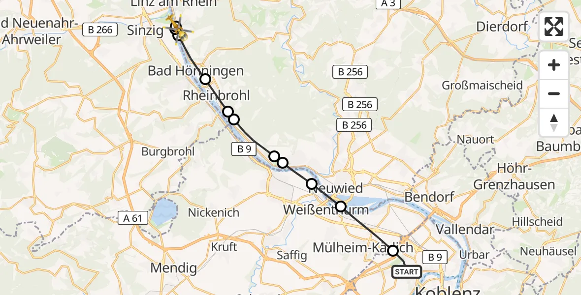 Flugroute Rettungshubschrauber Koblenz - Leubsdorf, 24 August 2026, 05:12