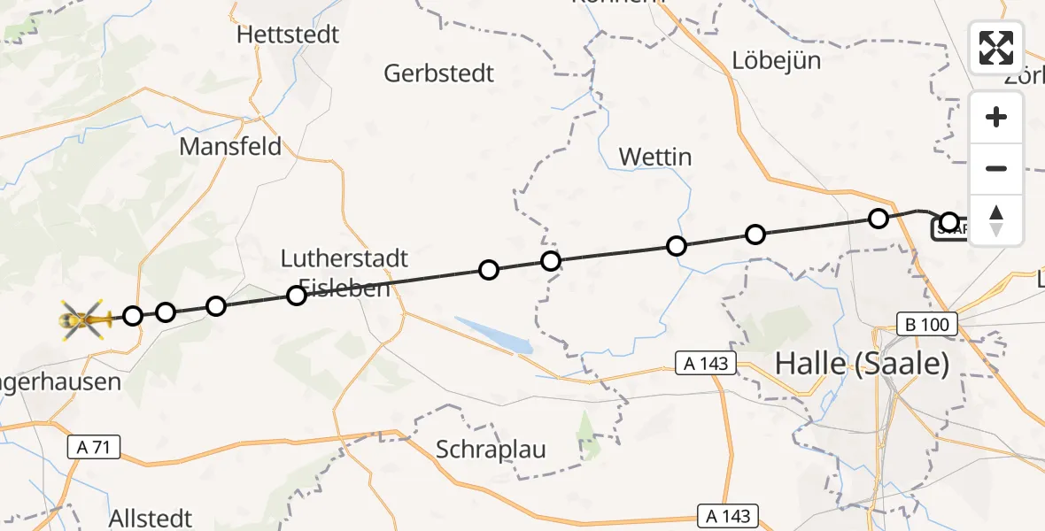 Flugroute Rettungshubschrauber Halle-Oppin Flugplatz - Sangerhausen, 24 August 2026, 05:18
