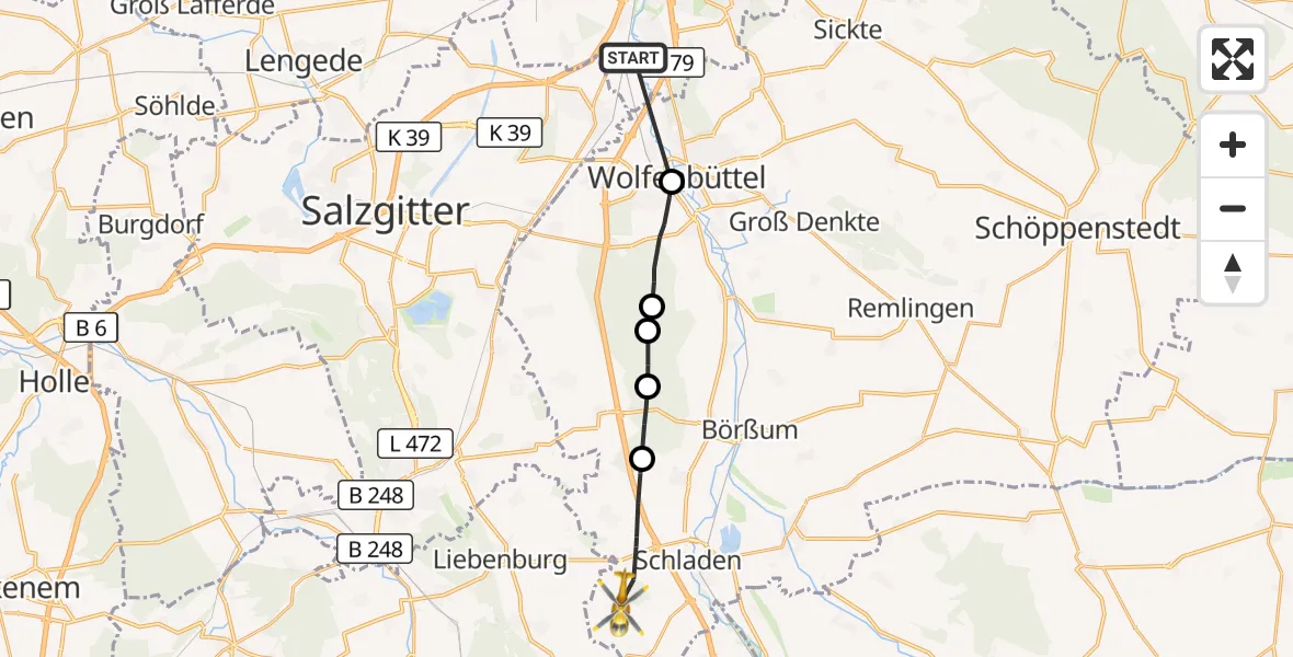 Flugroute Rettungshubschrauber Braunschweig - Schladen-Werla, 24 August 2026, 05:24