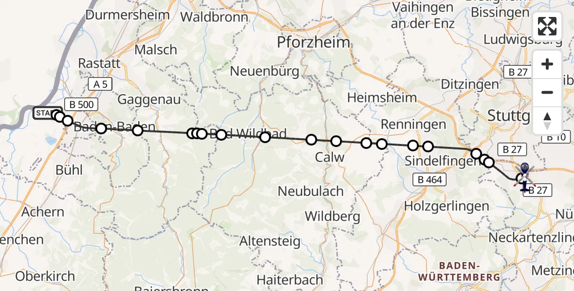 Flugroute Polizeihubschrauber Karlsruhe Baden-Baden Flughafen - Flughafen Stuttgart, 24 August 2026, 05:40