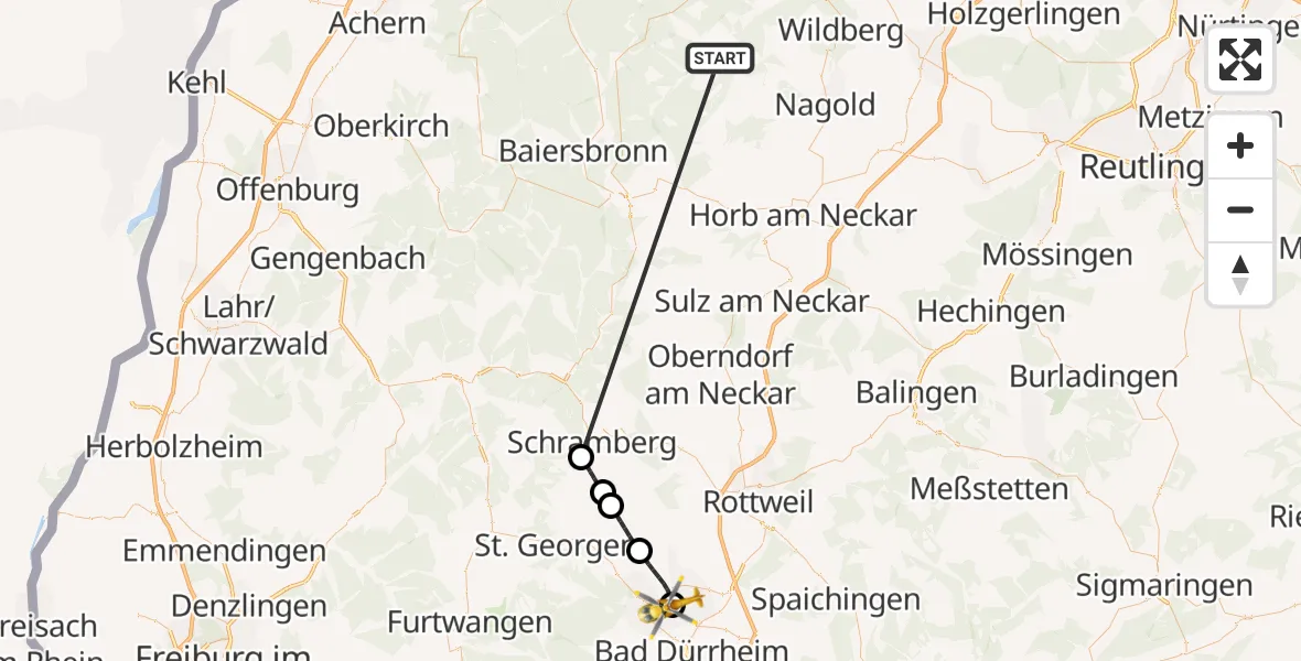 Flugroute Ambulanzhubschrauber Altensteig - DRF Air Rescue Station Villingen-Schwenningen Hubschrauberlandeplatz (Christoph 11), 24 August 2026, 05:43