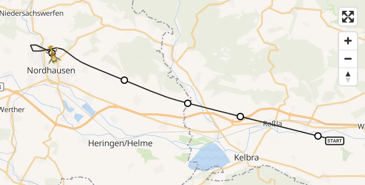 Flugroute Rettungshubschrauber Wallhausen - Südharz Hospital Nordhausen, 24 August 2026, 05:46