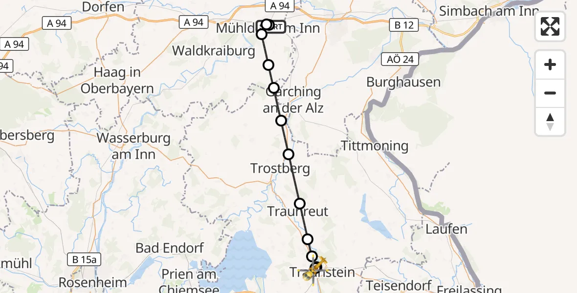 Flugroute Rettungshubschrauber Mühldorf am Inn Hospital - Traunstein Hospital, 24 August 2026, 05:52