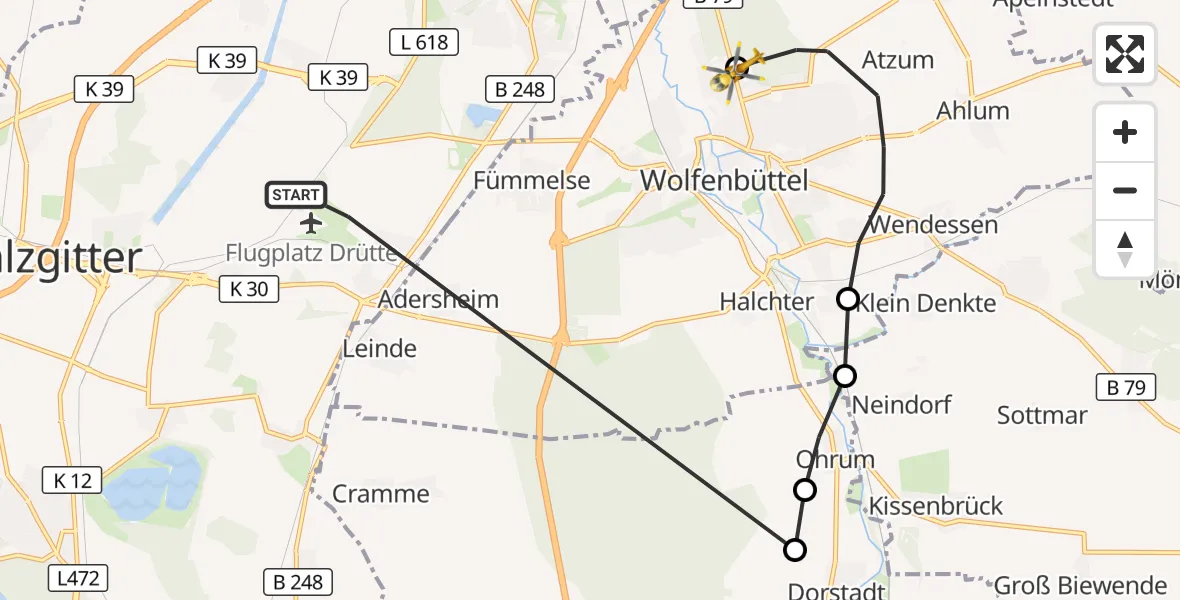 Flugroute Rettungshubschrauber Salzgitter - Wolfenbüttel Municipal Hospital Hubschrauberlandeplatz (Christoph 30), 24 August 2026, 05:58