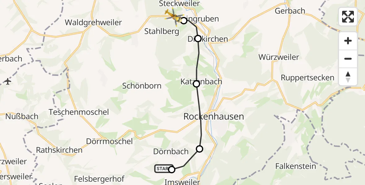 Flugroute Rettungshubschrauber Rockenhausen - Bayerfeld-Steckweiler, 24 August 2026, 06:03