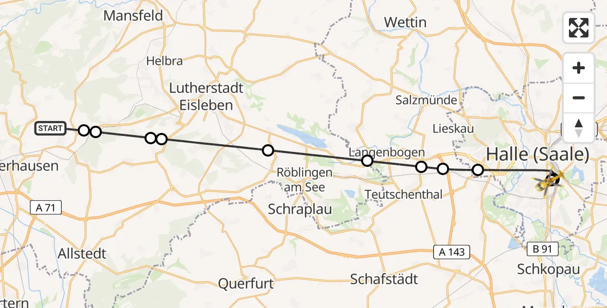 Flugroute Rettungshubschrauber Sangerhausen - BG Hospital Bergmannstrost Halle, 24 August 2026, 06:06