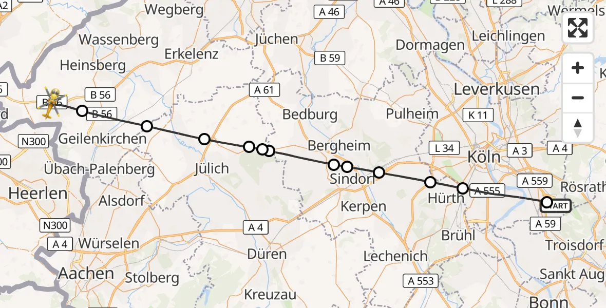 Flugroute Rettungshubschrauber Köln Bonn Flughafen - Gangelt, 24 August 2026, 06:15