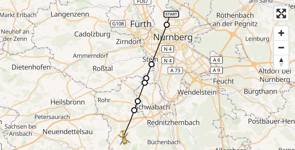 Flugroute Ambulanzhubschrauber Flughafen Nuremberg - Kammerstein, 24 August 2026, 06:20