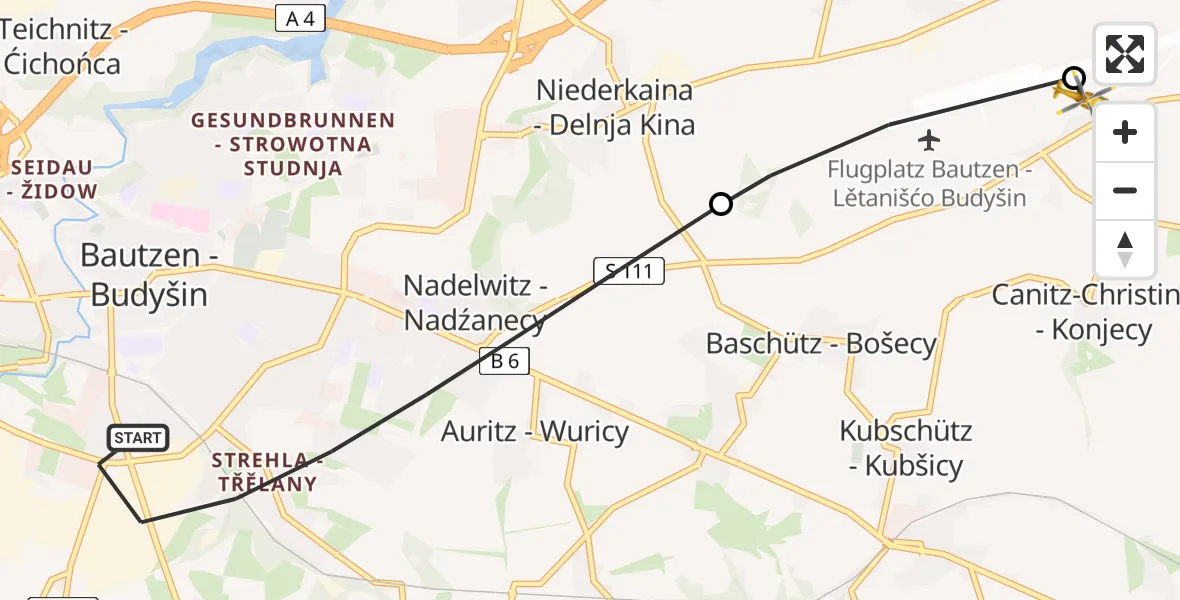Flugroute Rettungshubschrauber Bautzen - Bautzen Flugplatz, 24 August 2026, 06:24