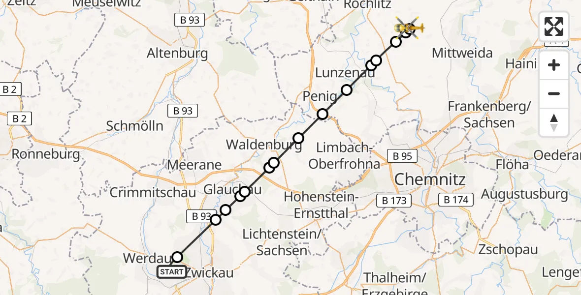 Flugroute Rettungshubschrauber Werdau - Erlau, 24 August 2026, 06:34