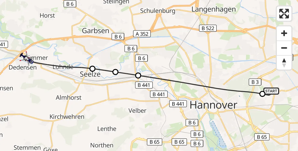 Flugroute Polizeihubschrauber Hannover Luftrettung Hubschrauberlandeplatz (Christoph 4) - Seelze, 24 August 2026, 06:35