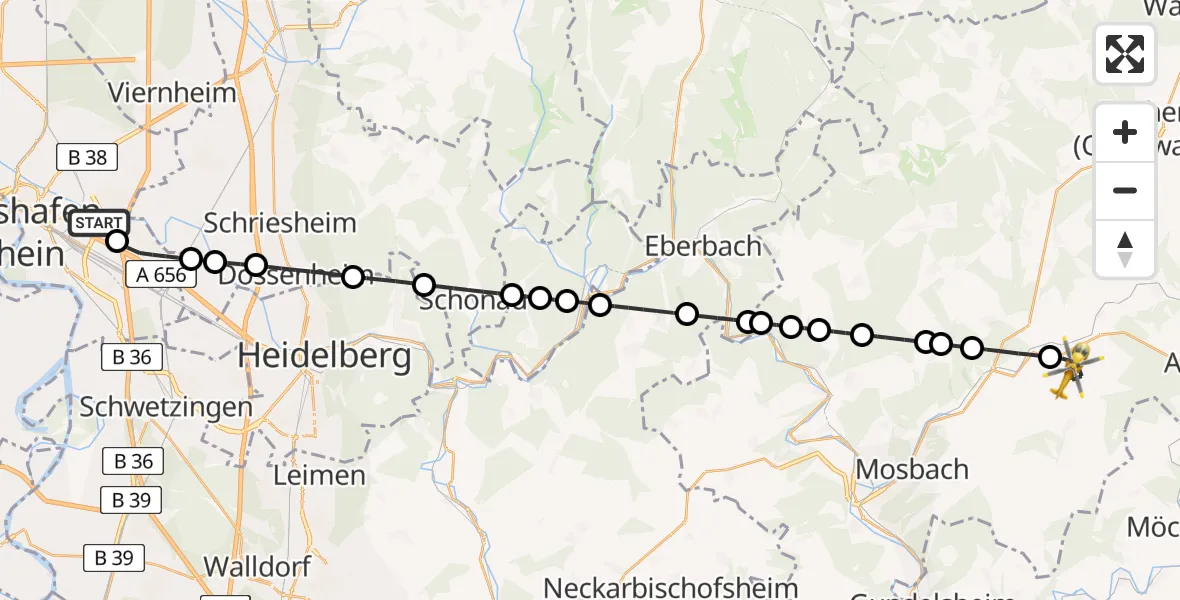 Flugroute Rettungshubschrauber Mannheim-City Flughafen - Schefflenz, 24 August 2026, 06:41