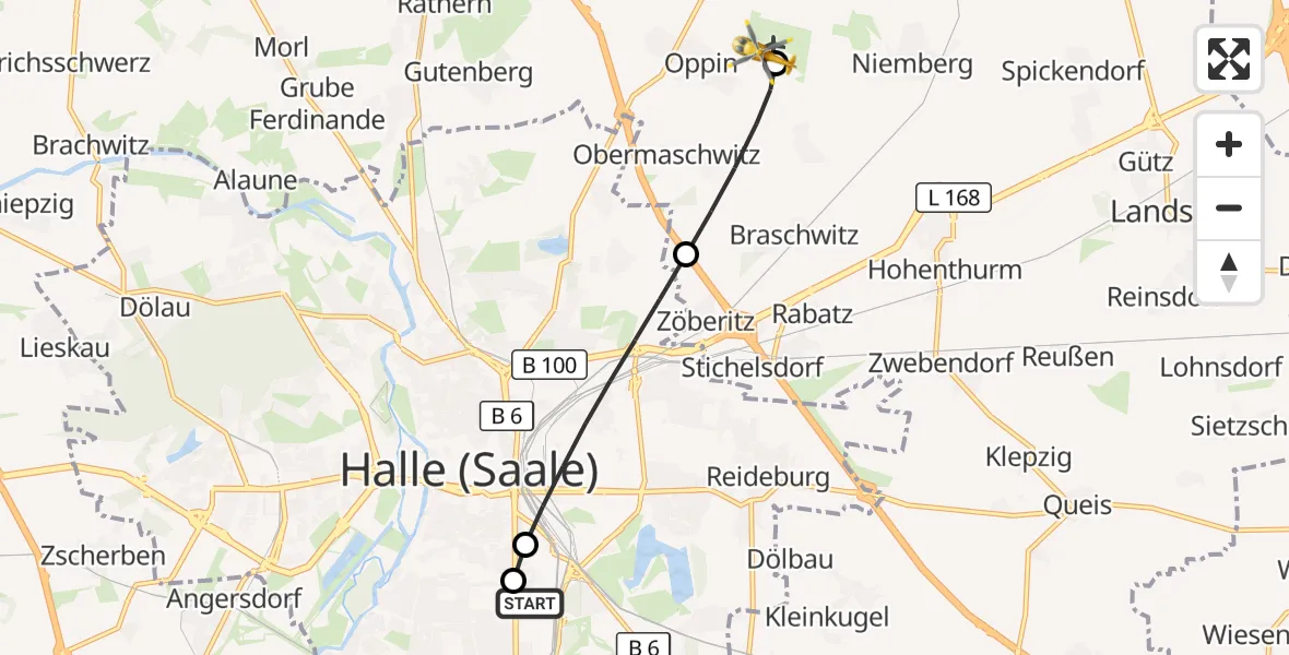 Flugroute Rettungshubschrauber BG Hospital Bergmannstrost Halle - Halle-Oppin Flugplatz, 24 August 2026, 06:45