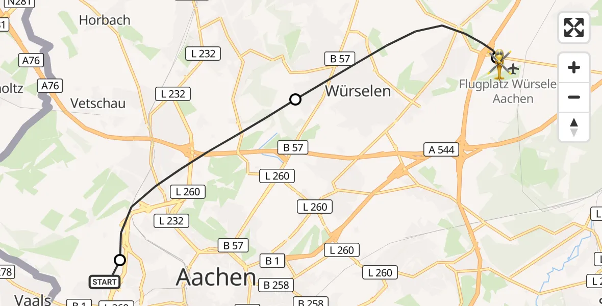 Flugroute Rettungshubschrauber Aachen Hospital - Aachen-Merzbrück Flughafen, 24 August 2026, 06:49