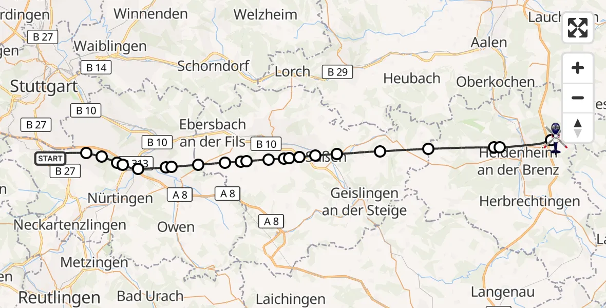 Flugroute Polizeihubschrauber Flughafen Stuttgart - Nattheim, 24 August 2026, 06:53