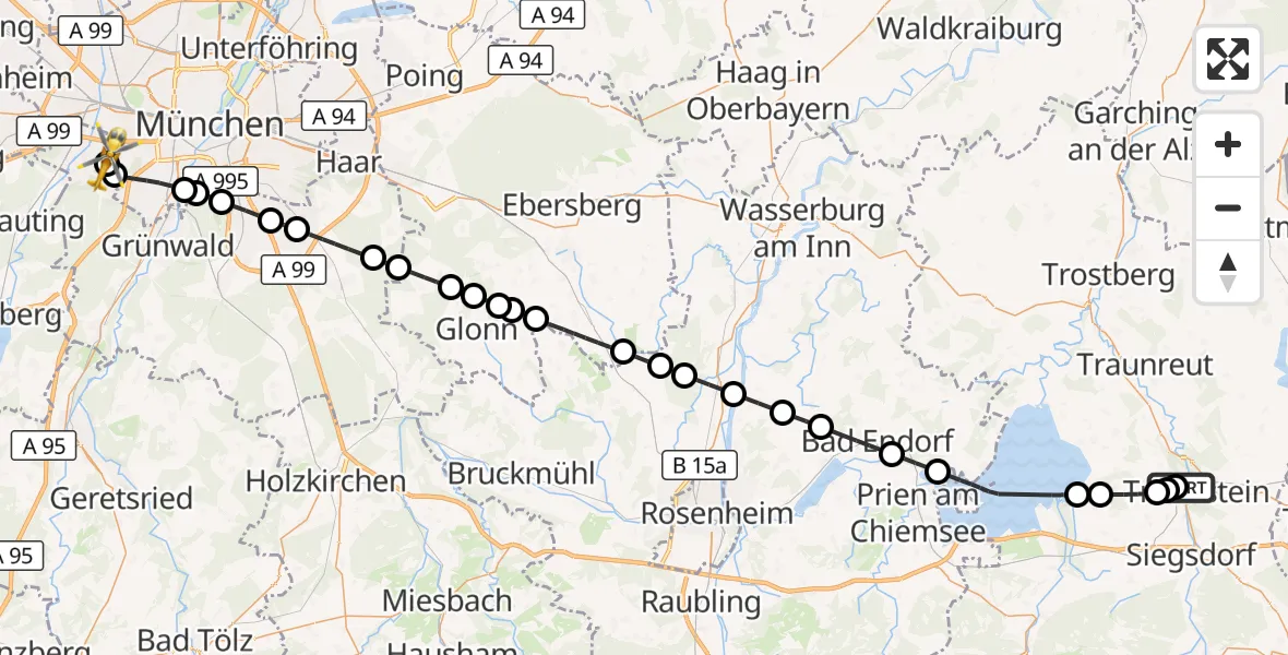 Flugroute Rettungshubschrauber Traunstein Hospital - DRF Air Rescue München Hubschrauberlandeplatz, 24 August 2026, 06:55