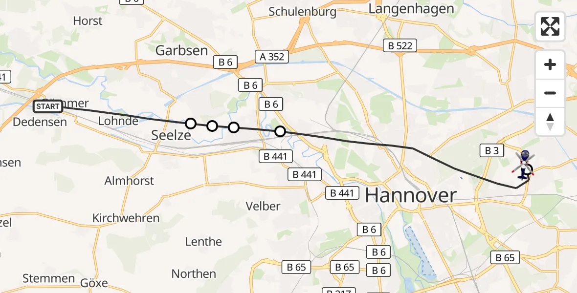 Flugroute Polizeihubschrauber Seelze - Hannover Luftrettung Hubschrauberlandeplatz (Christoph 4), 24 August 2026, 07:10
