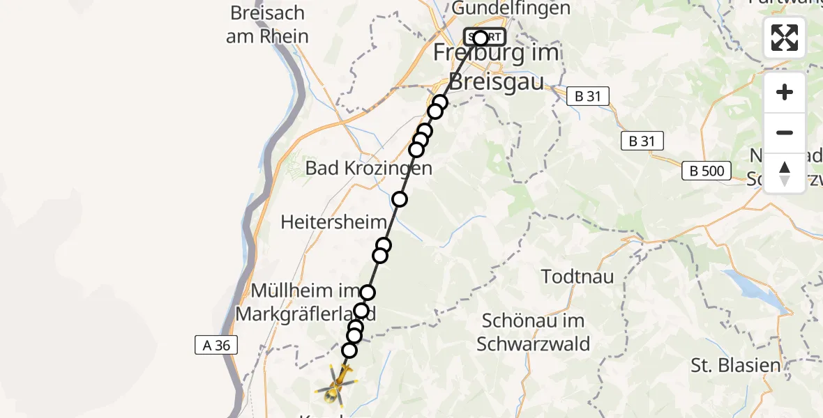 Flugroute Ambulanzhubschrauber Freiburg im Breisgau Flugplatz - Schliengen, 24 August 2026, 07:36