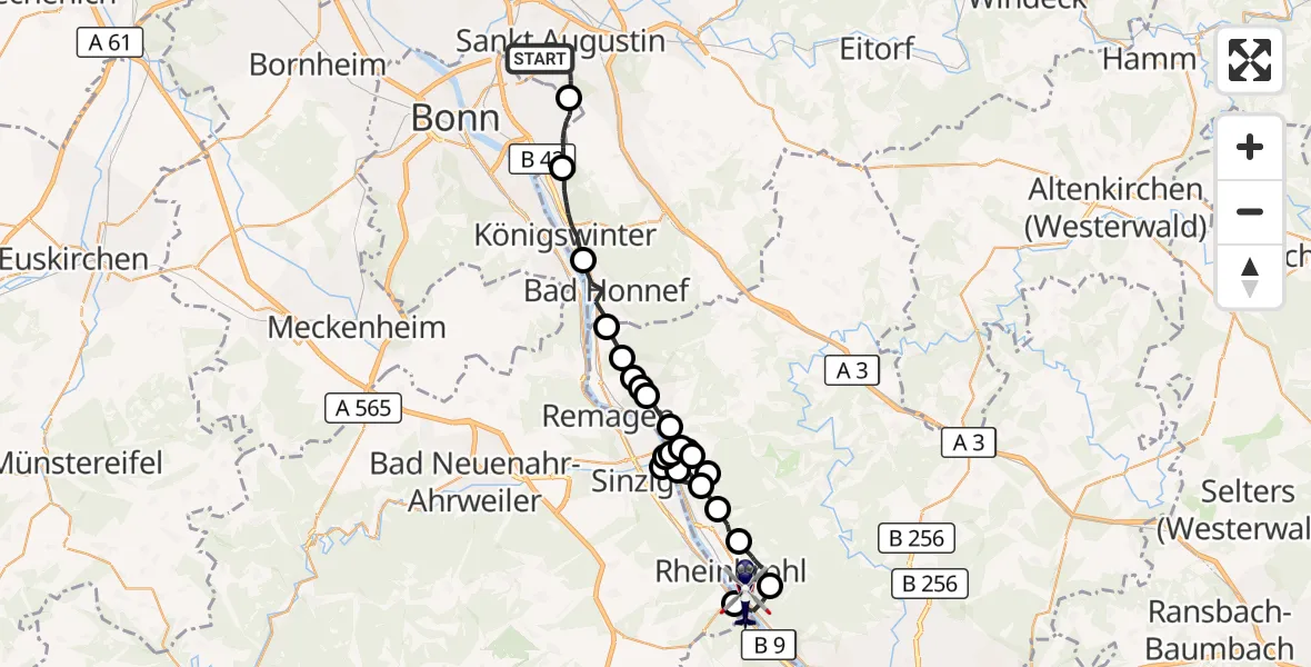 Flugroute Polizeihubschrauber Sankt Augustin - Rheinbrohl, 24 August 2026, 07:38