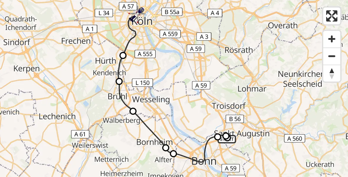 Flugroute Polizeihubschrauber Sankt Augustin - Köln, 24 August 2026, 07:40