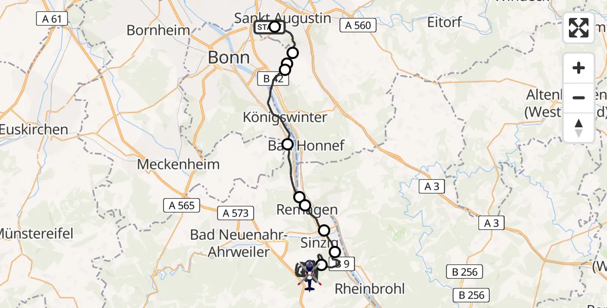 Flugroute Polizeihubschrauber Bonn-Hangelar Flugplatz - Sinzig, 24 August 2026, 07:42