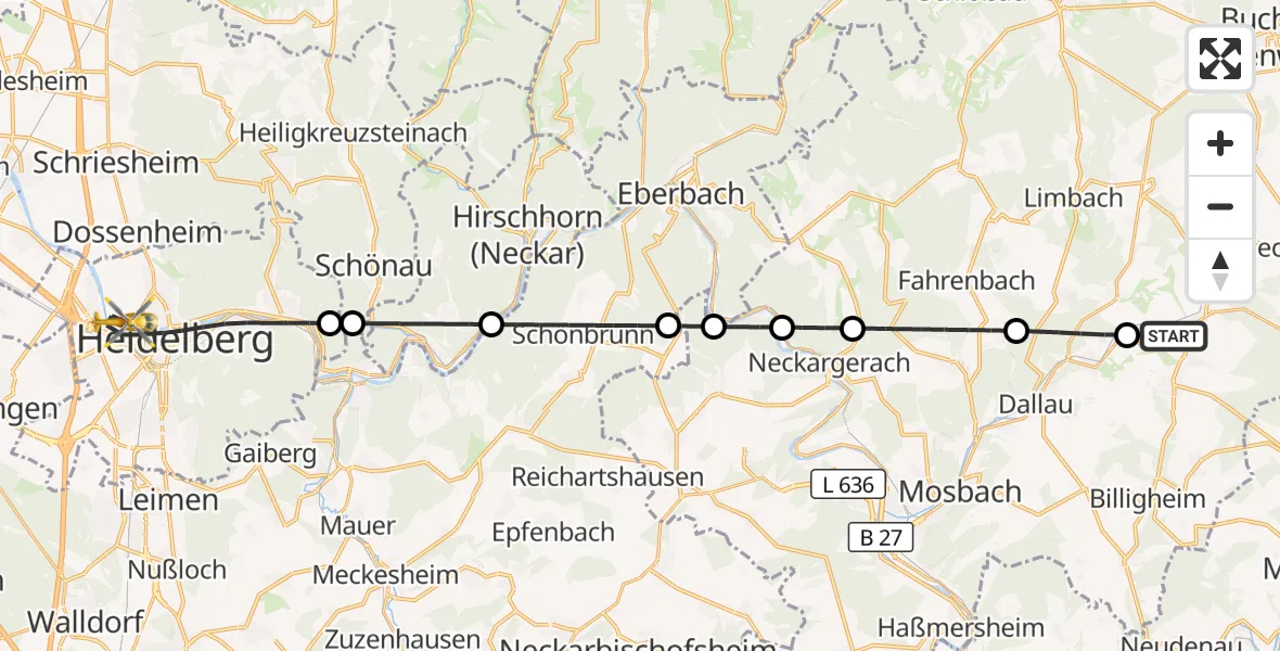 Flugroute Rettungshubschrauber Schefflenz - Heidelberg, 24 August 2026, 07:49
