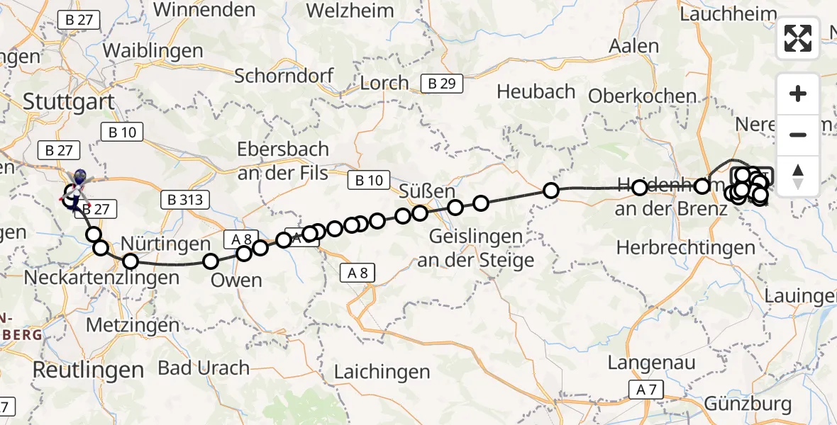 Flugroute Polizeihubschrauber Zöschingen - Flughafen Stuttgart, 24 August 2026, 07:51