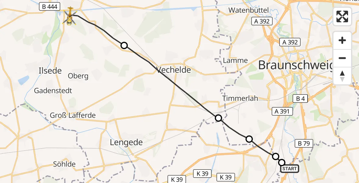 Flugroute Rettungshubschrauber Wolfenbüttel - Peine, 24 August 2026, 07:53
