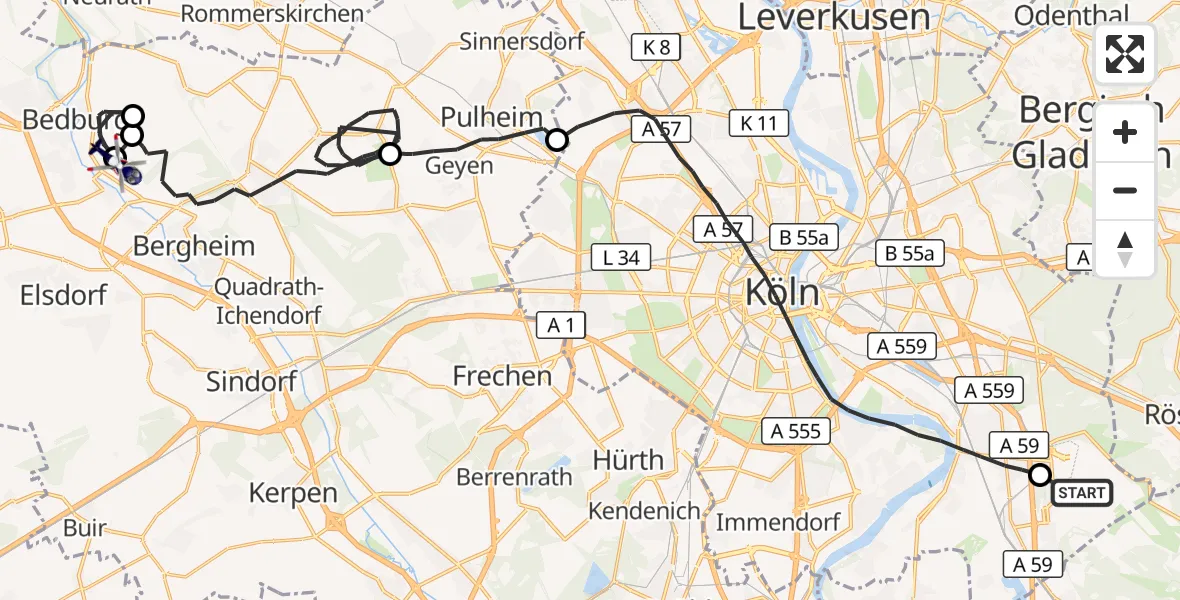 Flugroute Polizeihubschrauber Köln Bonn Flughafen - Bergheim, 24 August 2026, 07:57