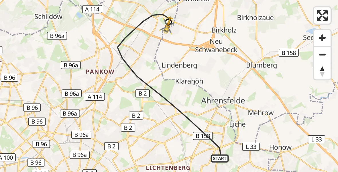 Flugroute Rettungshubschrauber Berlin - Helios Clinic Berlin-Buch, 24 August 2026, 08:01