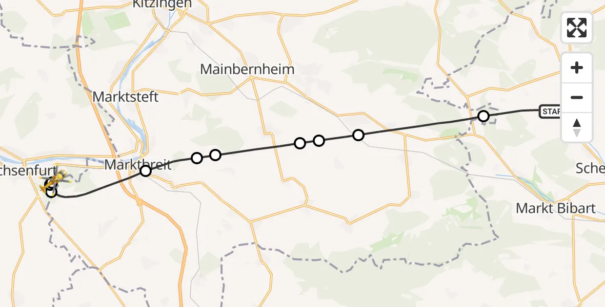 Flugroute Rettungshubschrauber Oberscheinfeld - Ochsenfurt Hospital, 24 August 2026, 08:02