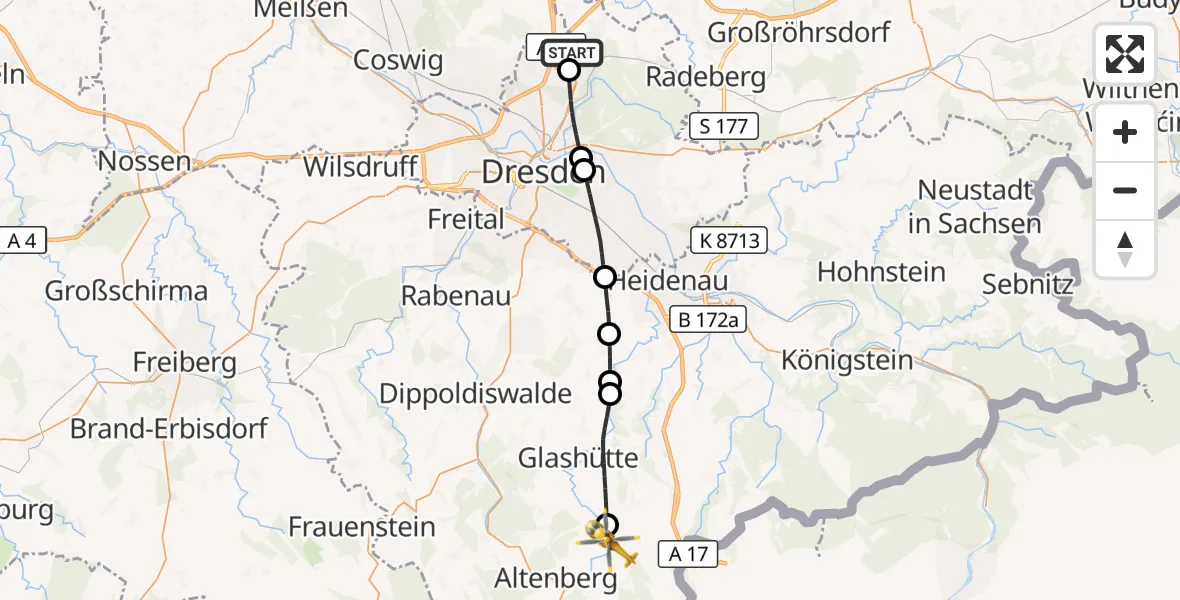 Flugroute Rettungshubschrauber Dresden Flughafen - Altenberg, 24 August 2026, 08:02