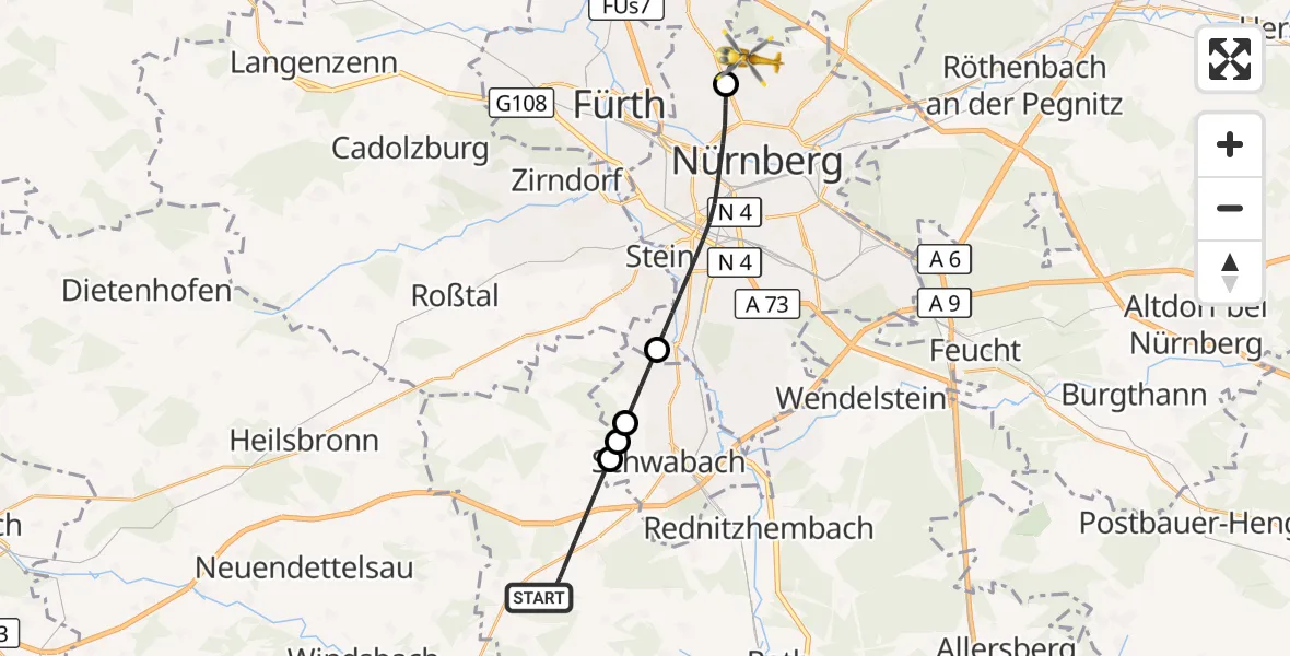Flugroute Ambulanzhubschrauber Kammerstein - Flughafen Nuremberg, 24 August 2026, 08:03