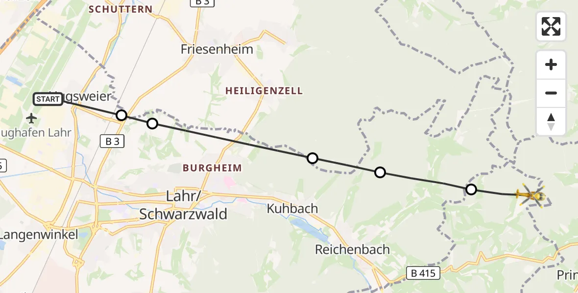 Flugroute Rettungshubschrauber Lahr Flughafen - Seelbach, 24 August 2026, 08:08