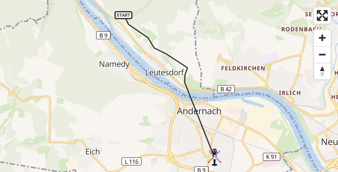 Flugroute Polizeihubschrauber Leutesdorf - Andernach, 24 August 2026, 08:14