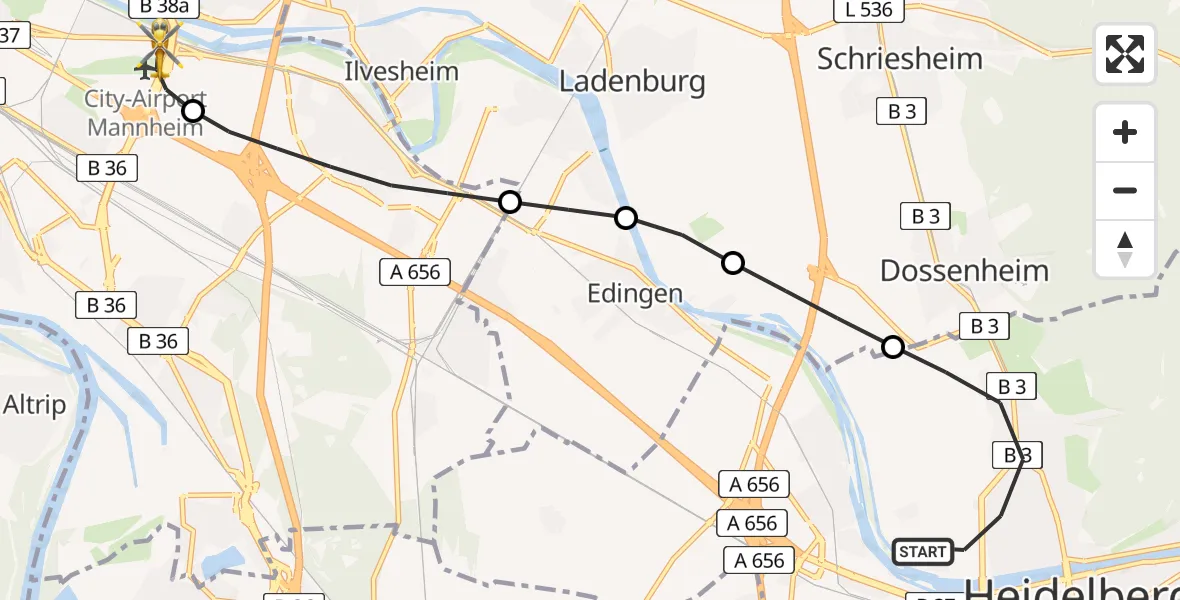 Flugroute Rettungshubschrauber Heidelberg - Mannheim-City Flughafen, 24 August 2026, 08:34