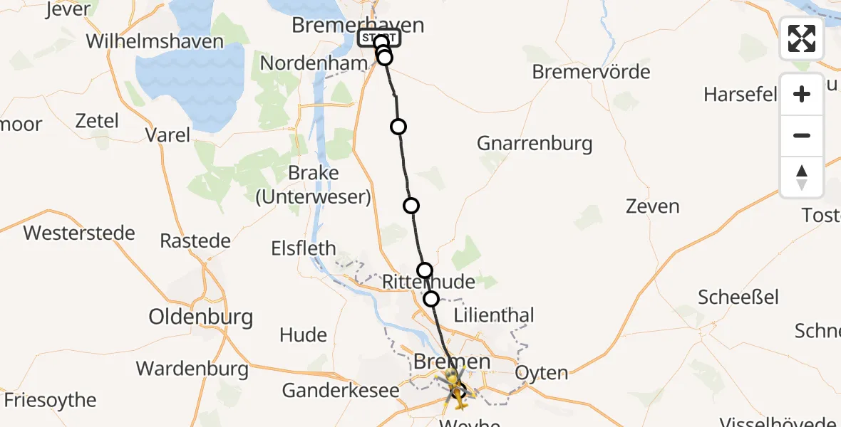 Flugroute Rettungshubschrauber Bremerhaven - ADAC Air Rescue Station Bremen Hubschrauberlandeplatz (Christoph 6), 24 August 2026, 08:38