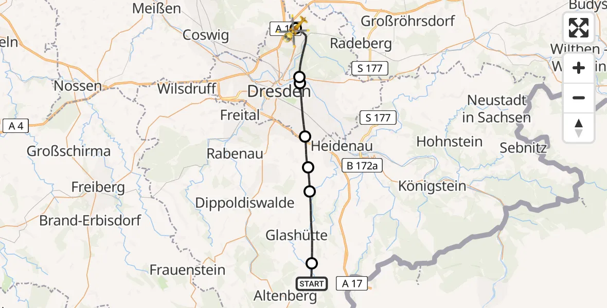 Flugroute Rettungshubschrauber Altenberg - Dresden Bundespolizei Hubschrauberlandeplatz, 24 August 2026, 08:39