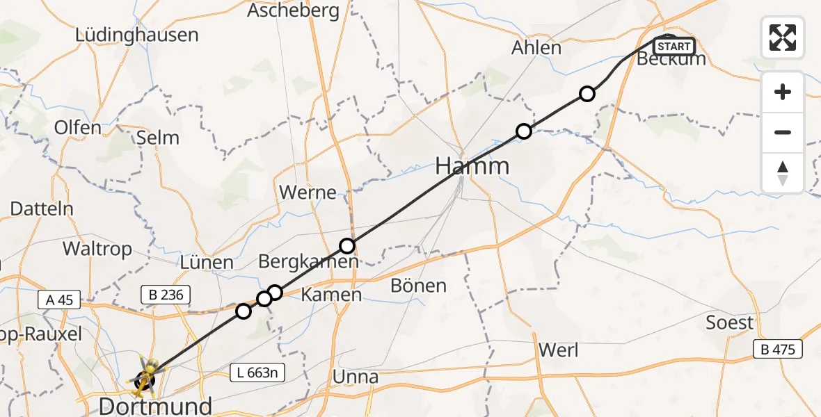 Flugroute Rettungshubschrauber Beckum - Dortmund Hospital North, 24 August 2026, 08:43