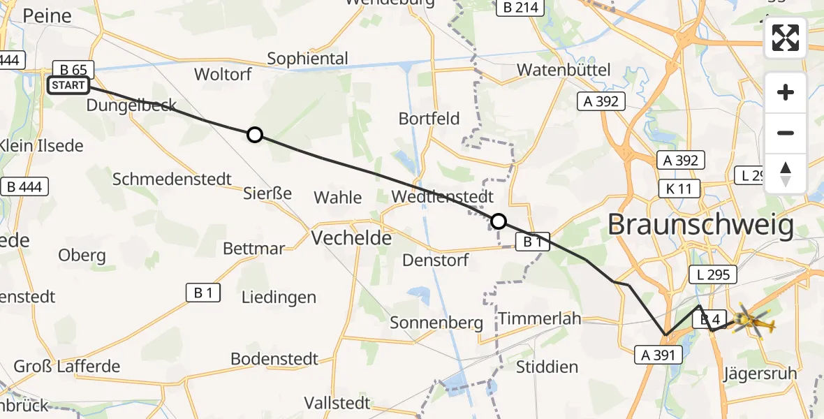Flugroute Rettungshubschrauber Peine - Braunschweig, 24 August 2026, 08:47