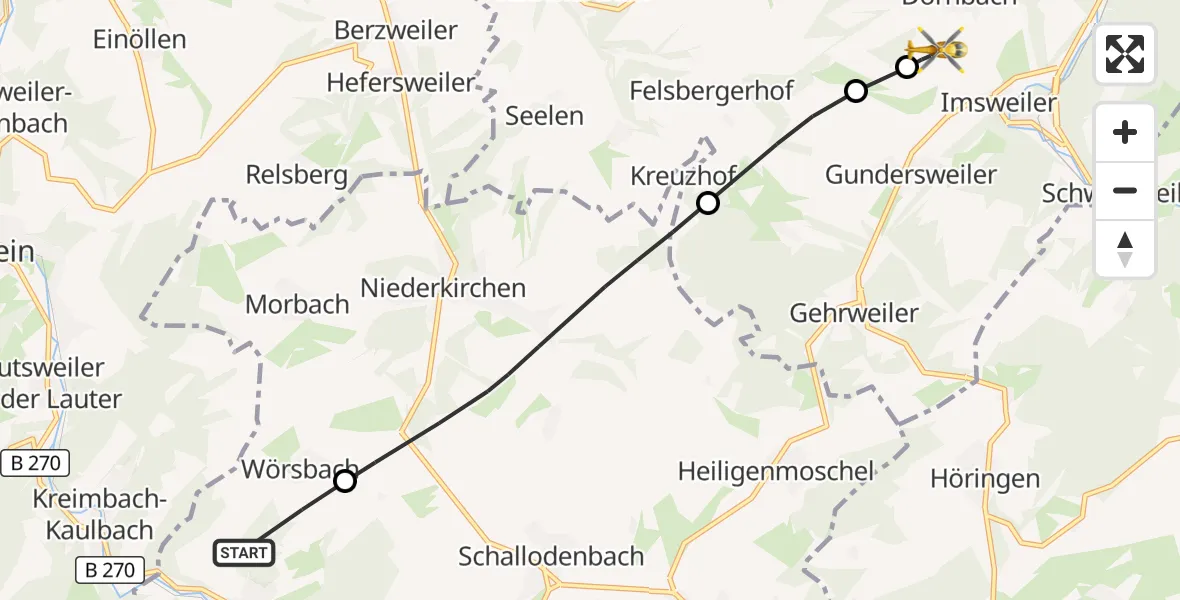 Flugroute Rettungshubschrauber Olsbrücken - Rockenhausen, 24 August 2026, 08:48