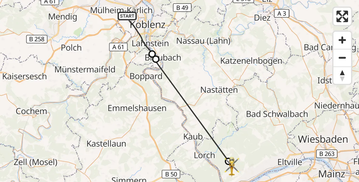 Flugroute Ambulanzhubschrauber Koblenz - Rüdesheim am Rhein, 24 August 2026, 08:50