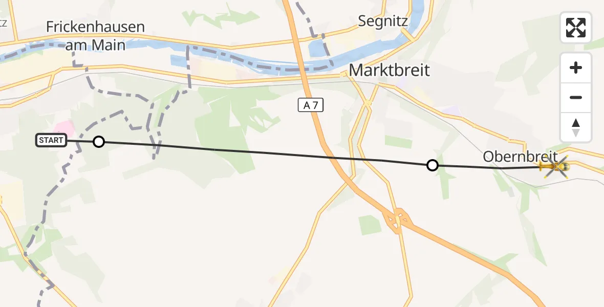 Flugroute Rettungshubschrauber Ochsenfurt Hospital - Obernbreit, 24 August 2026, 08:51